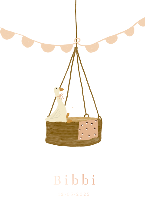 Lieve roségoudfolie geboortekaart met gans in hangwieg