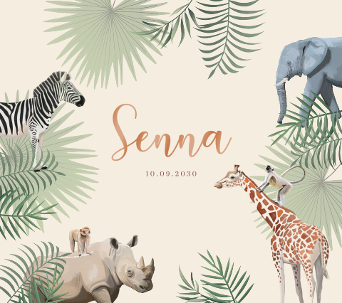 Avontuurlijk hoogglans geboortekaartje met jungle dieren