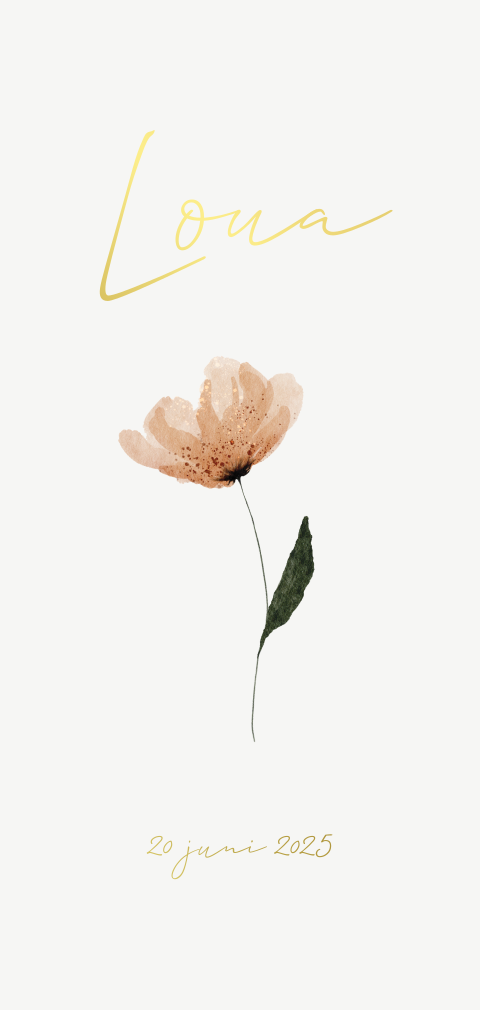 Stijlvol goudfolie geboortekaartje meisje met watercolour bloem