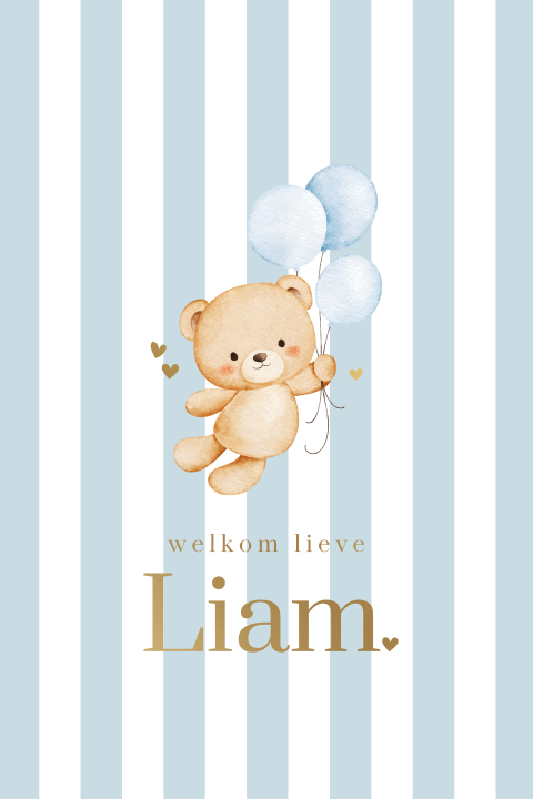 Lief geboortekaartje met blauwe strepen en beertje aan ballon