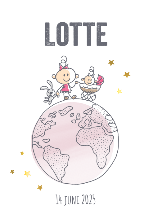 Lief geboortekaartje meisje met illustratie van zusjes op de wereldbol