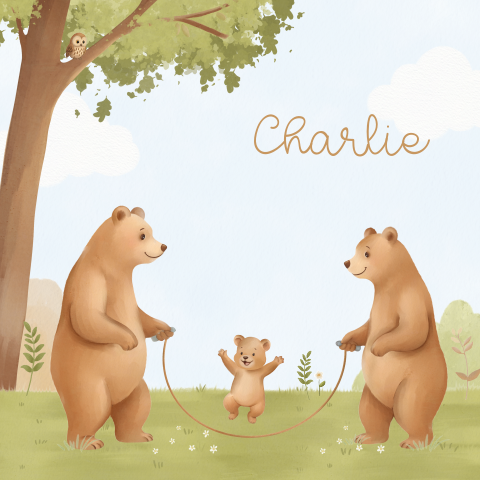 Geboortekaart unisex met illustratie van beer en springtouw