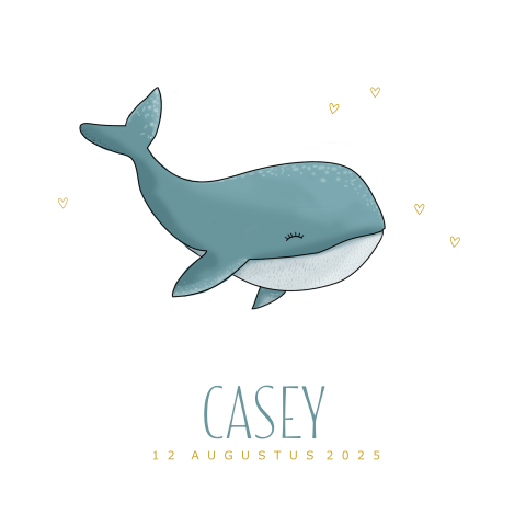 Hip geboortekaartje voor jongen met walvisje en goudlook hartjes