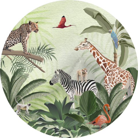 Stoere behangcirkel met prachtige illustraties van jungle dieren