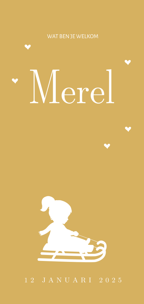 Lief winter geboortekaartje met silhouet van meisje op de slee