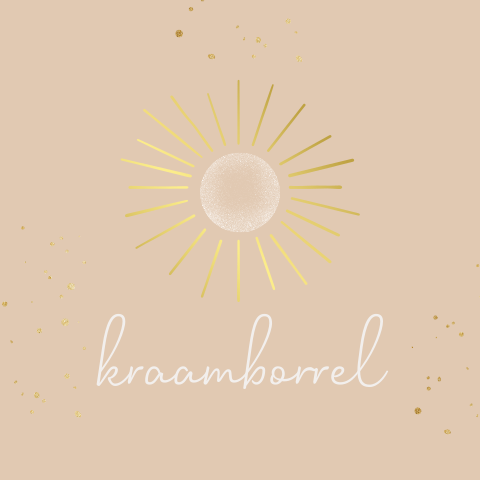 Vrolijke kraamborrel uitnodiging met goudfolie zon