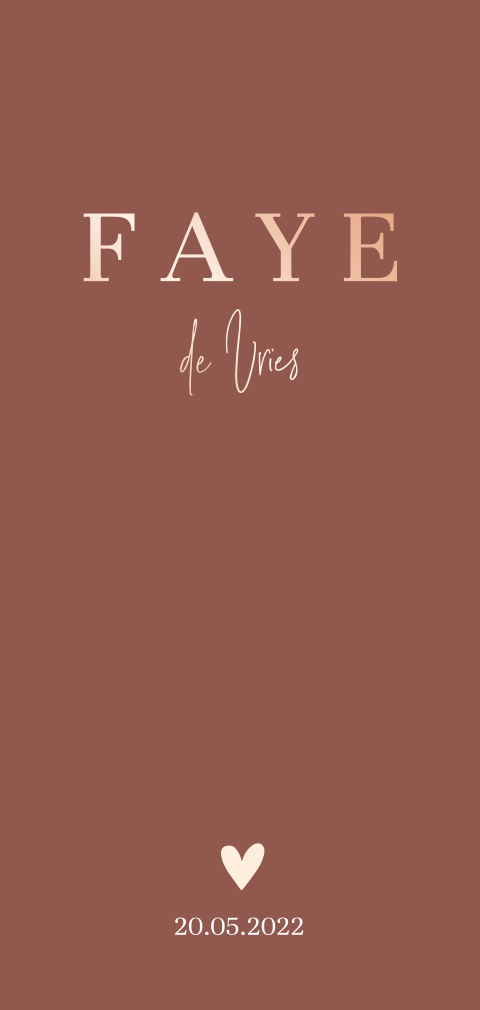 Trendy roségoudfolie geboortekaartje meisje in roestbruin met hartje