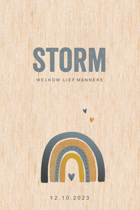 Echt houten staand geboortekaartje met regenboog en blauwe tinten
