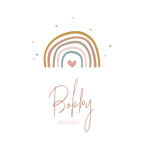 Hip geboortekaartje met trendy regenboogje met hartje