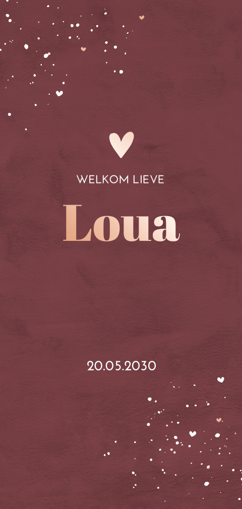 Velvet geboortekaartje voor meisje met roségoudfolie en hartje