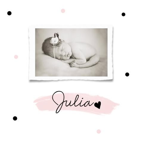 Hippe geboortekaart meisje met foto en waterverf