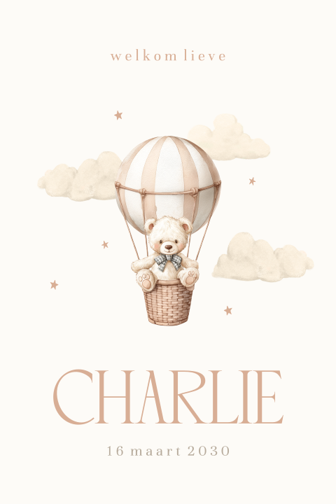 Lief geboortekaartje met beertje in luchtballon