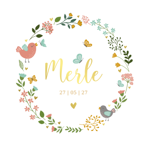 Uniek goudfolie geboortekaartje met bloemenkrans voor een meisje