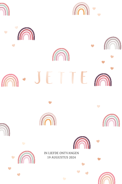 Geboortekaartje meisje met regenboogjes pastel kleuren en roségoudfolie