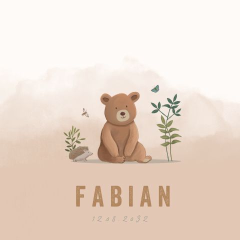 Geboortekaartje jongen met potloodtekening beer en watercolour
