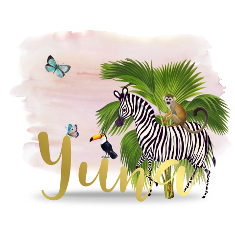 Vrolijk goudfolie geboortekaartje voor meisje met jungle dieren