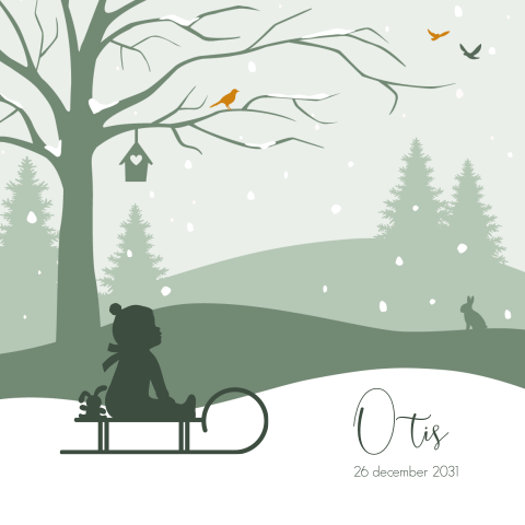 Winters geboortekaartje met silhouet van jongen op slee