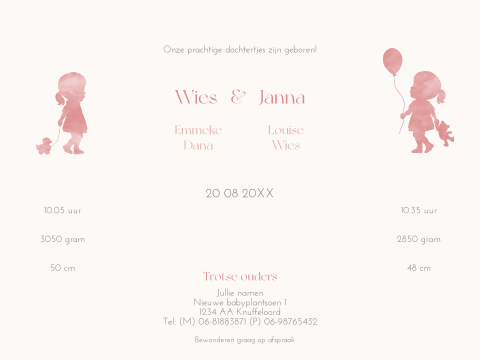 Tweeling geboortekaartje met theatervouw en silhouet van twee meisjes