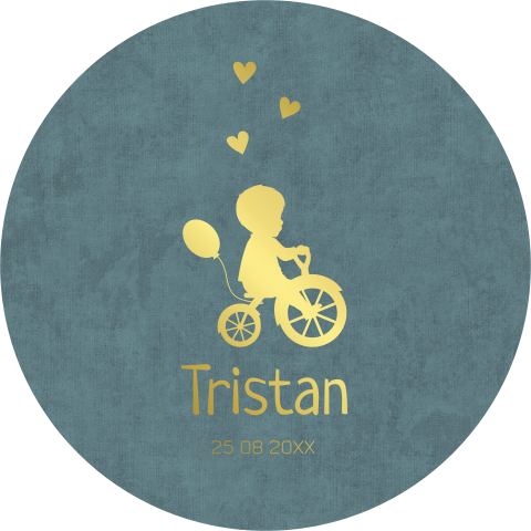 Uniek rond geboortekaartje met silhouet en goudfolie voor een jongen