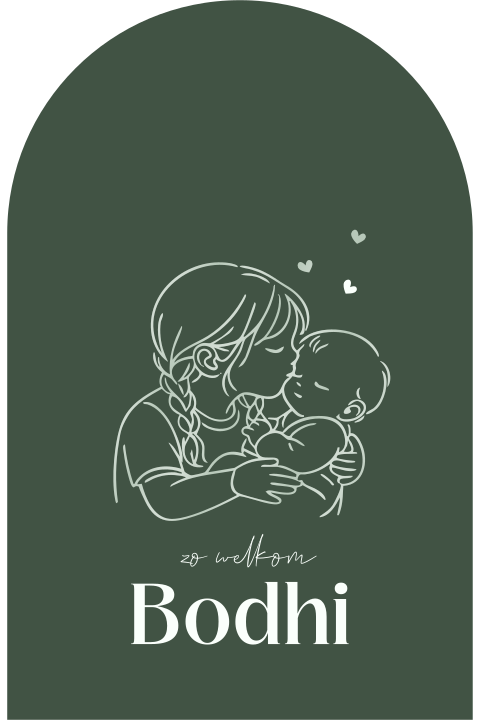 Geboortekaartje in arch-vorm met lijntekening van zus en baby