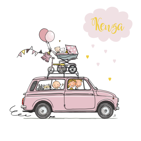 Illustratief geboortekaartje van meisje in old timer met ouders