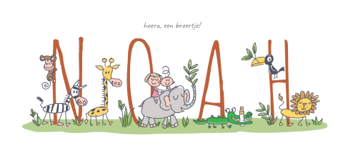 Vrolijk geboortekaartje met naam en jungledieren voor broertje