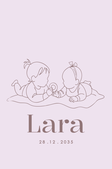 Roze geboortekaartje met lijntekening van twee zusjes op speelkleed