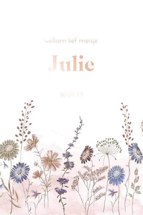 Lief roségoudfolie geboortekaartje voor meisje met veldbloemen