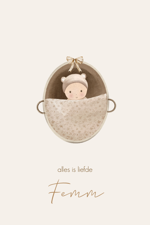 Geboortekaartje beige met baby in mandje