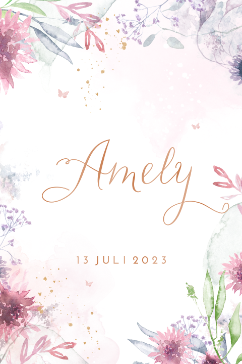 Een romantisch geboortekaartje voor dochter met hoogglans en bloemen