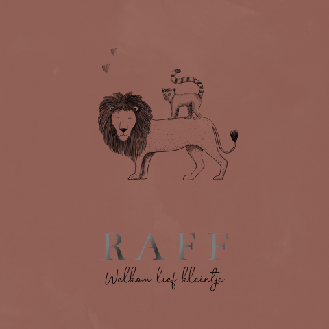 Rood velvet-look geboortekaartje met zwart folie, leeuw en aapje