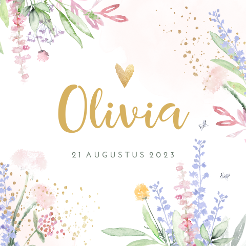 Trendy geboortekaartje voor een meisje met bloemen voor de zomer