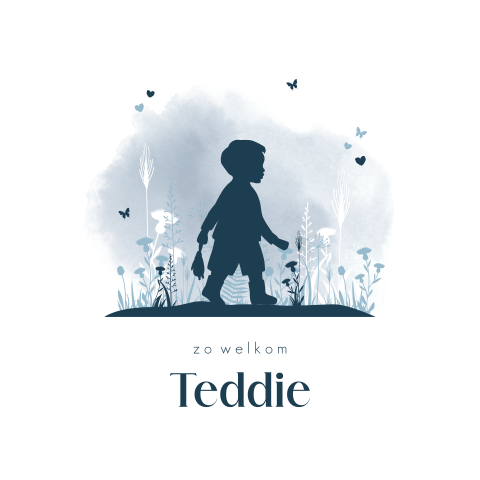 Stijlvol geboortekaartje met silhouet van jongen in bloemenveld