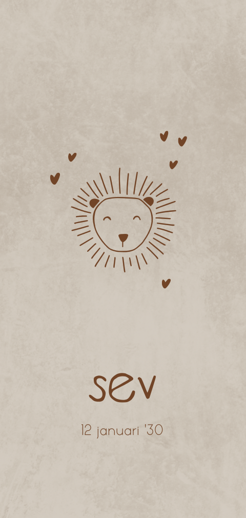 Rondhoek geboortekaartje met lijntekening van leeuw bruin velvetlook