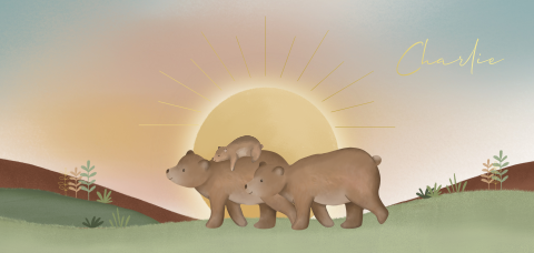 Goudfolie geboortekaartje met illustratie van beren en zon