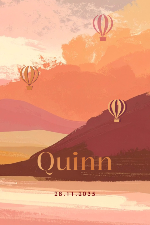 Mooi geboortekaartje met bergen, luchtballonnen en naam in koperfolie