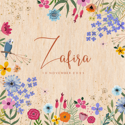 Lief echt houten kaartje voor een meisje bloemen en vogel