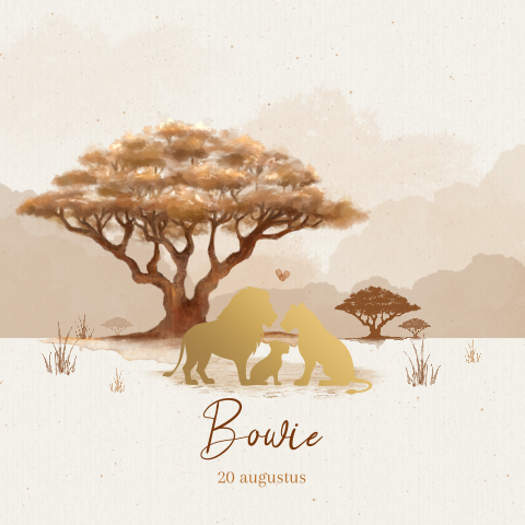 Hip geboortekaartje met leeuwen familie in goudfolie en baobab