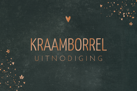 Donkergrijze kraamborreluitnodiging met hartjes en spetters