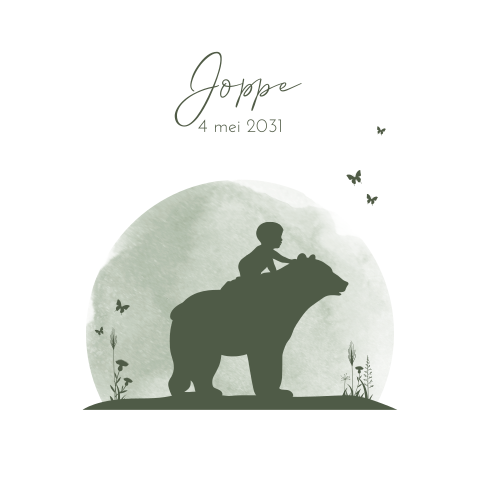 Groen geboortekaartje met watercolour en silhouetjes