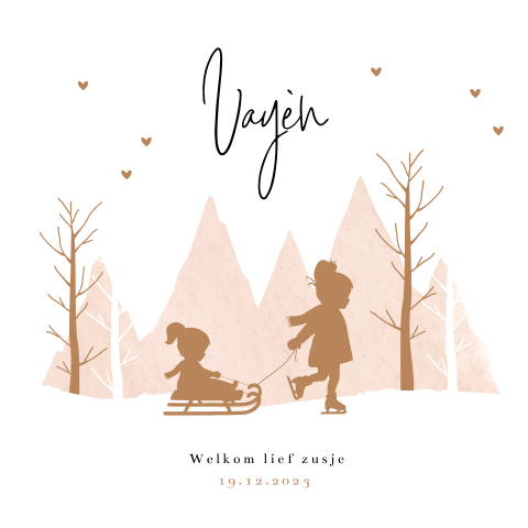 Lief winter geboortekaartje met silhouet van zusjes op een slee