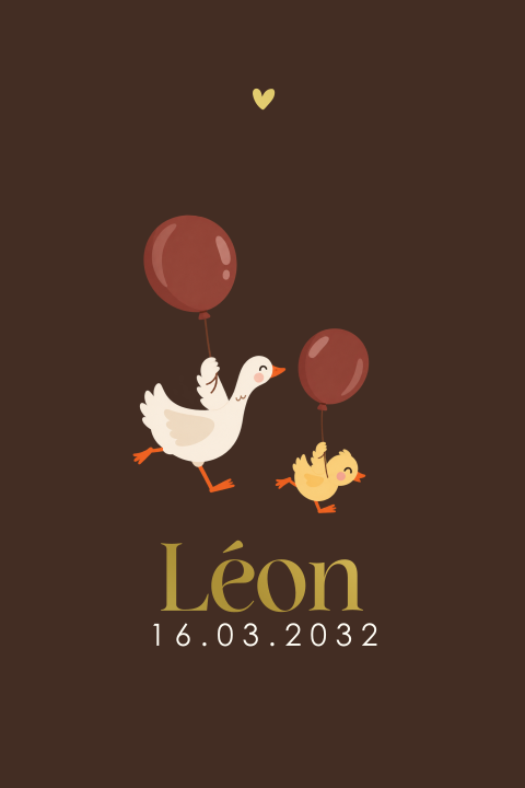 Geboortekaartje met handgetekende gans en kuiken met ballon