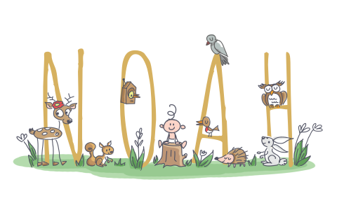 Vrolijk geel geboortekaartje met naam en illustraties van bosdieren