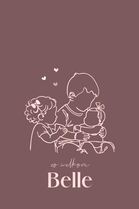 Luxe geboortekaartje derde kind met lijntekening en hoogglans