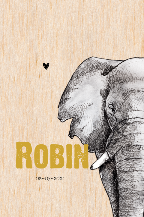 Echt houten staand geboortekaartje unisex met olifant