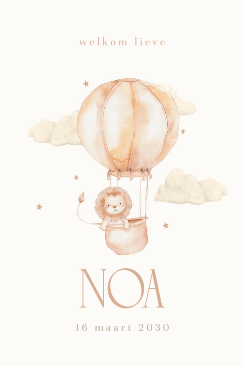 Lief geboortekaartje met luchtballon en leeuwtje voor jongen of meisje