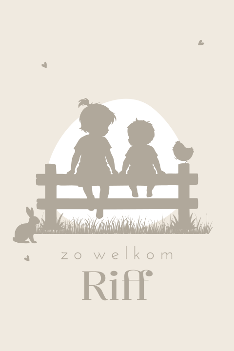 Geboortekaartje met silhouet van zus en baby broertje op een hek