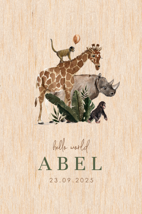 Echt houten geboortekaartje met jungle dieren en een ballon