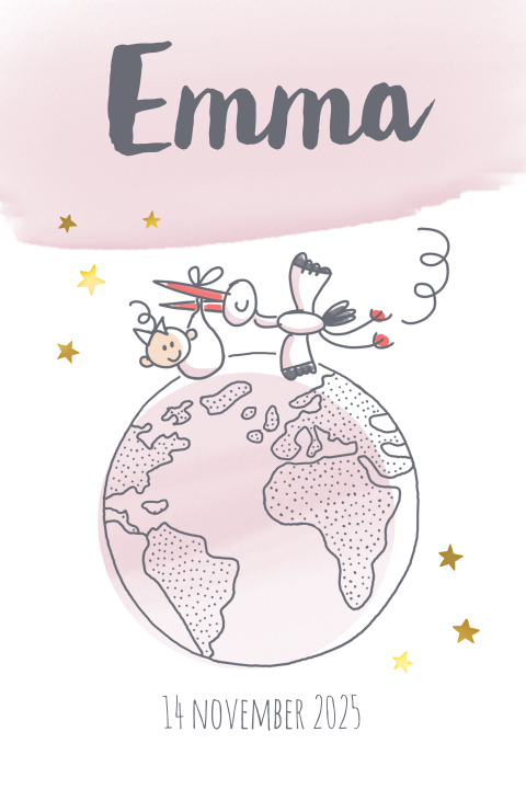 Uniek illustratief geboortekaartje meisje met ooievaar en wereldbol