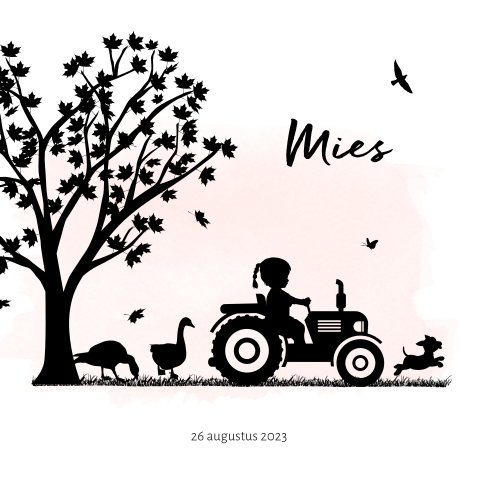 Lief geboortekaartje dochtertje silhouet traktor met hondje en ganzen